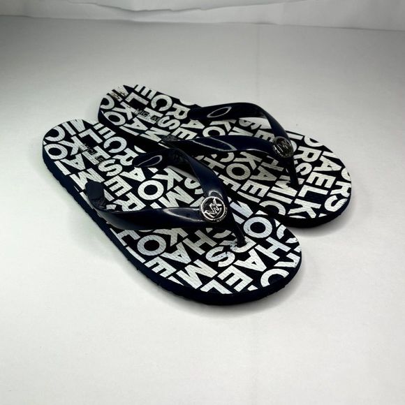 Michael Kors Shoes - Michael Kors Monogram Logo Navy Blue White Flipflops Sandals Womens